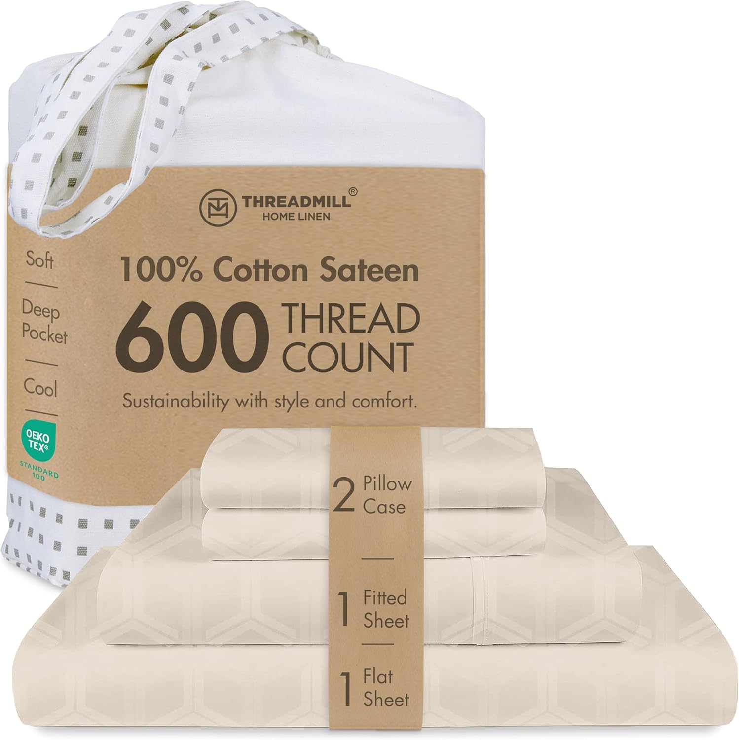 Threadmill 100% Cotton Sheets for Queen Size Bed - 600 Thread Count Queen Bed Sheets Set with 16” Deep Pocket - Jacquard Sateen Weave 4-Piece Bedding Set with Cooling Effect, Beige