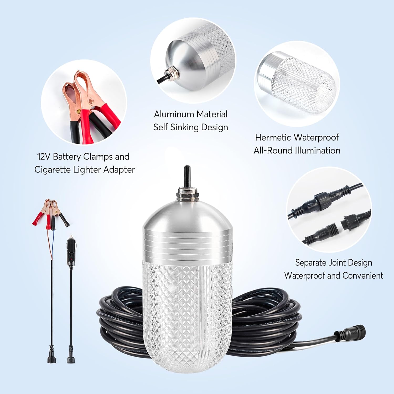 Luckerain Underwater Fishing Light 70W 150W High Bright LED 9000LM 20000LM Submersible Fish Attracting Light for Docks, Boats or Kayaks, Rust-Proof IP68 Waterproof