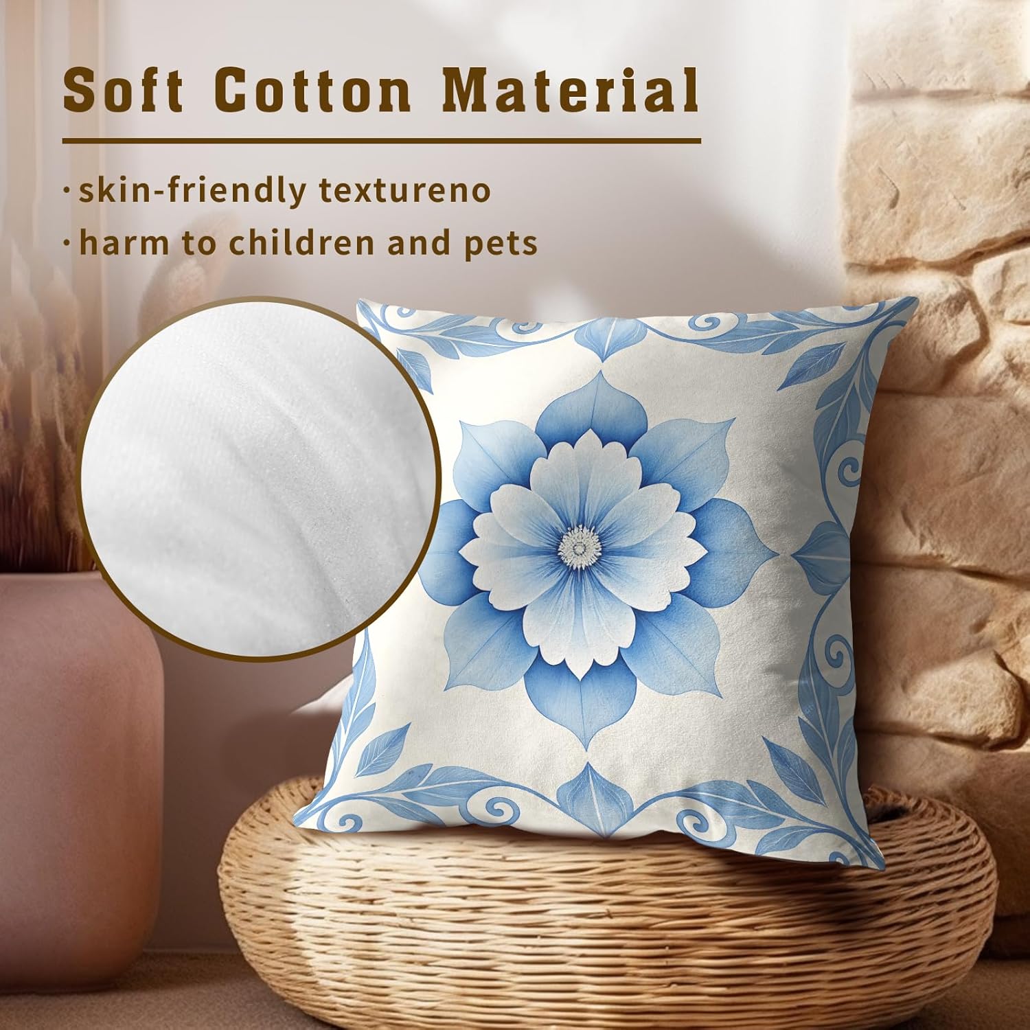 Boho Blue & White Floral Throw Pillow Covers Set of 2 Ultra-Soft All-Season Pillow Shams with Hidden Zipper,Durable for Sofa Bed Car Decor & Gift Luxury 18x18IN