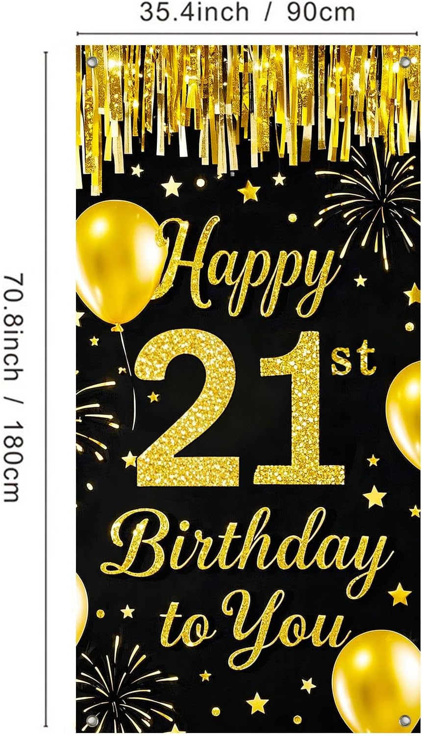 IVN 21st Birthday Door Cover 71x35 Inch Black Gold Birthday Banner for Party Decorations Balloons Stars Fireworks Backdrop Sign for Men Women Photo Booth Prop Wall Decor