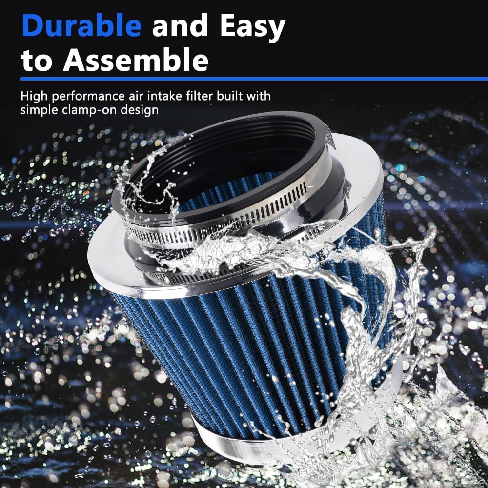 4-Inch Cold Air Intake Filter - Washable, High Performance, 3" or 3-1/2" or 4" Clamp-On Replacement Air Filter Blue