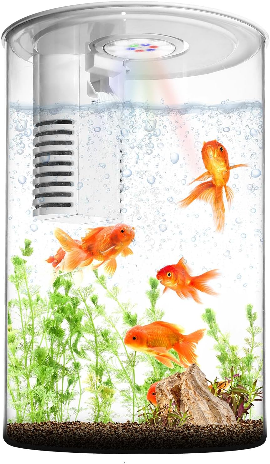 Fish Tank Night Light, 3 Gallon Fish Tank with Filter and Light, Self-Cleaning Desktop Aquarium Starter Kit & LED Lamp, 360 View for Small Fish, Kids Room & Home Decor(7 Color Modes, White)
