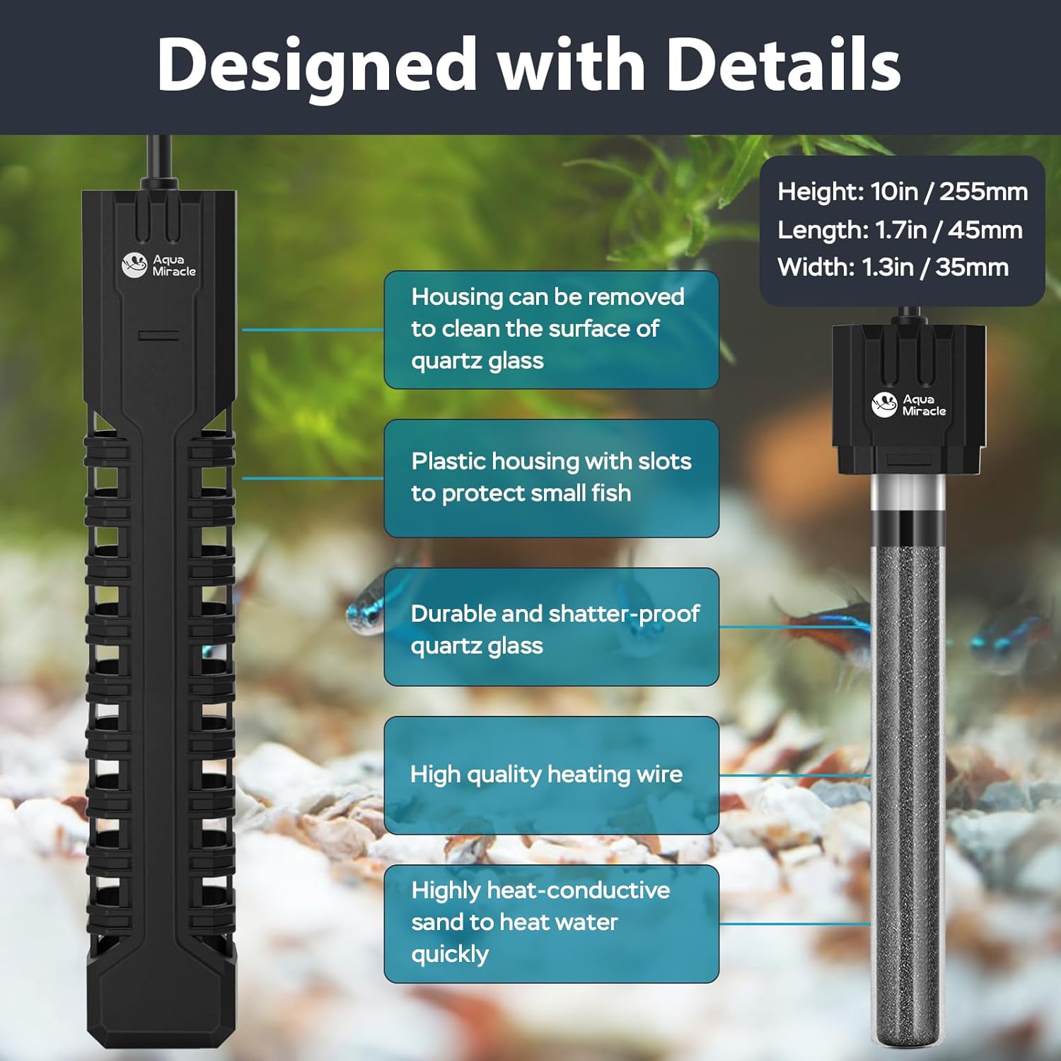 AquaMiracle Fish Tank Heater Turtle Tank Heater with Protective Housing, Adjustable Aquarium Heater with LED Digital Display Thermostat, for Aquariums 75-120 Gal(500W)