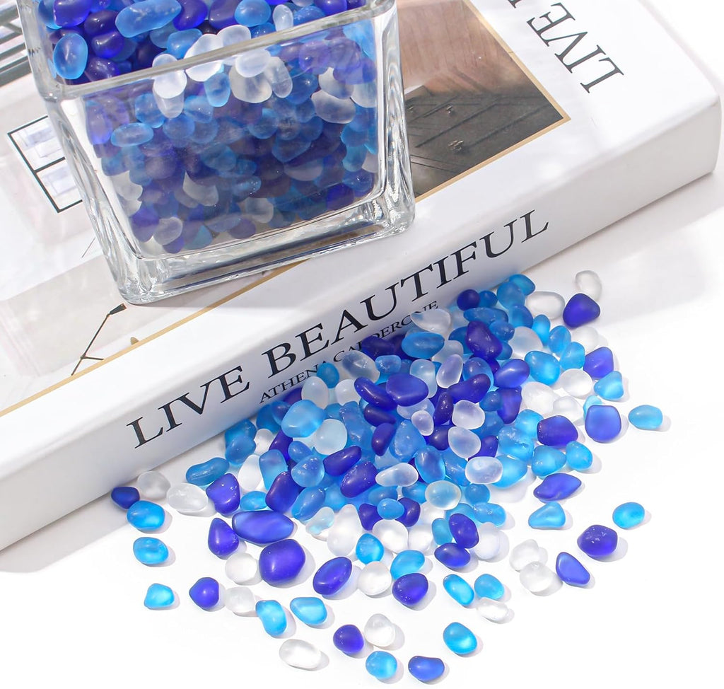 Keedolla 3 Lb Irregular Shape Frosted Glass Stones Pebbles, Aquarium Fish Tank Decor Rocks Gravel Vase Fillers DIY Crafts, 6-9mm - Blue Mix Color