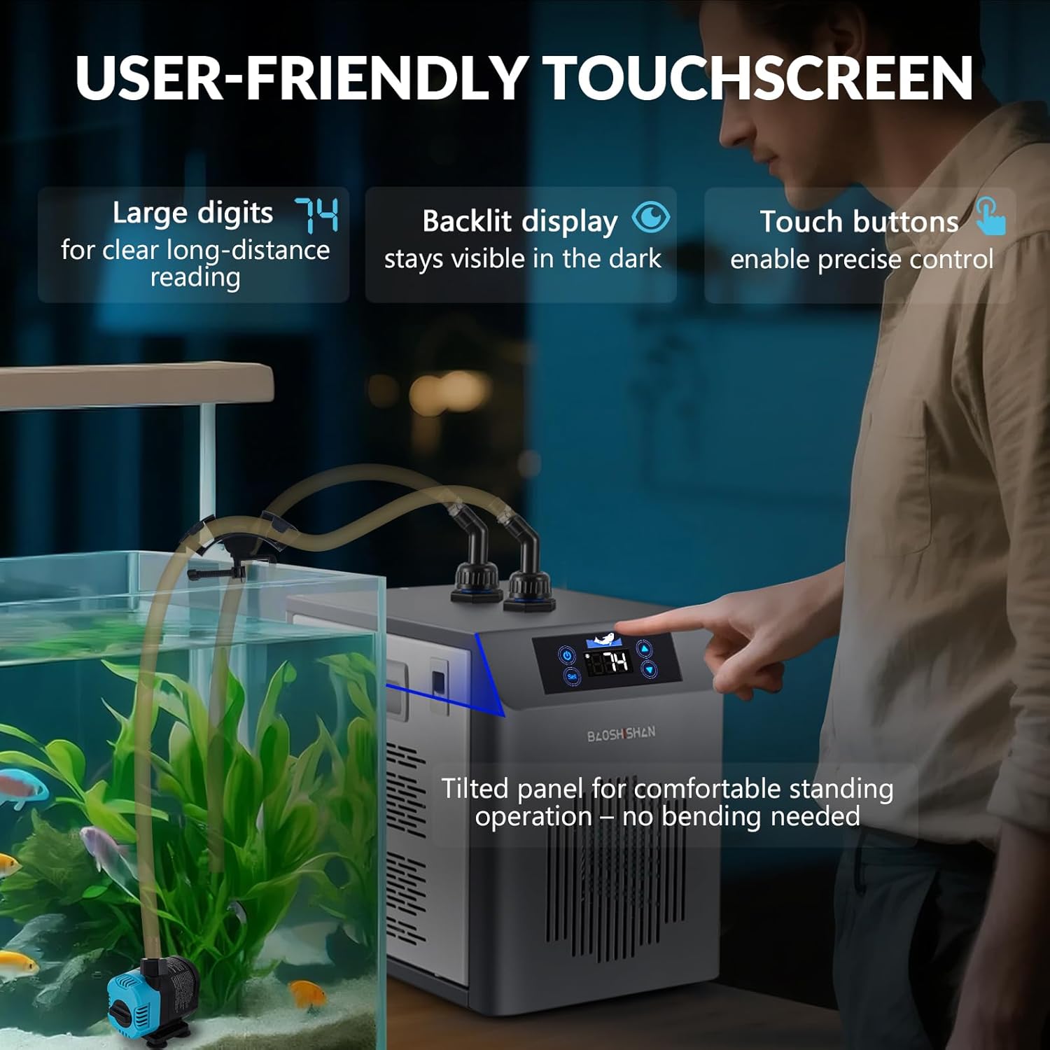 BAOSHISHAN Aquarium Chiller, [2024 Upgrade] 42gal 1/10 HP Water Cooler Fish Tank, Quiet Refrigeration Compressor Touch Screen Aquarium Cooler for Hydroponics Axolotl Coral Crystal Shrimp