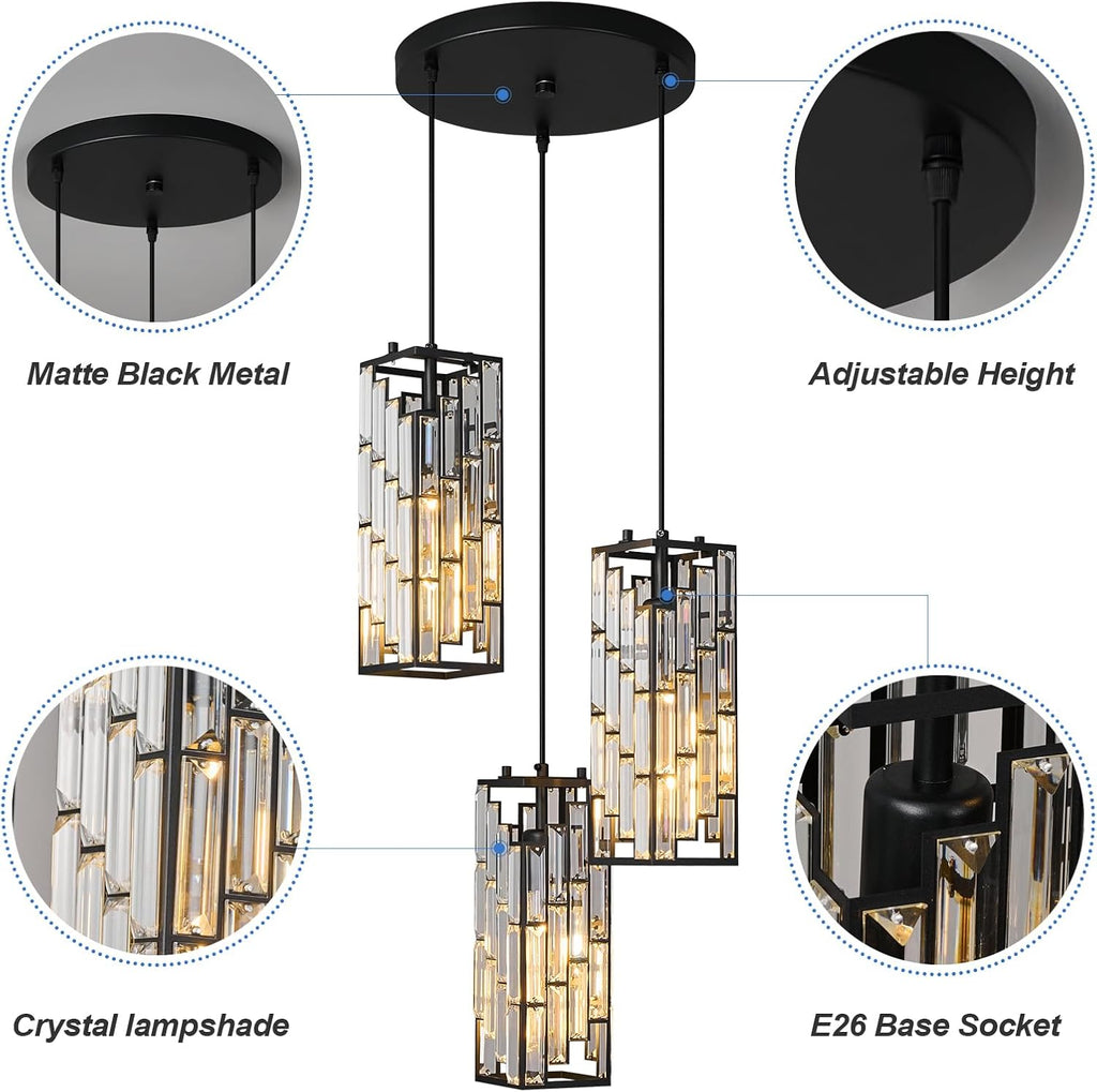 Black Pendant Lighting Modern Pendant Light, Mini Crystal Chandeliers,Adjustable Pendant Light Fixture for Kitchen Island Dinning Room Bedroom (3 Light)