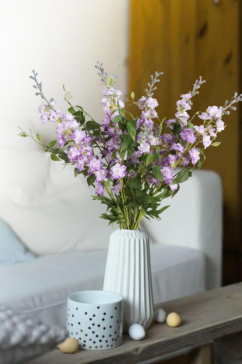 IPOPU Purple Fake Flowers 9pcs Delphinium Artificial Flowers with Clematis Greenery Stems 33.5" Bluebonnet Flowers Larkspur Snapdragon Tall Fake Flowers for Home Bridal Shower Party Decor (Purple)
