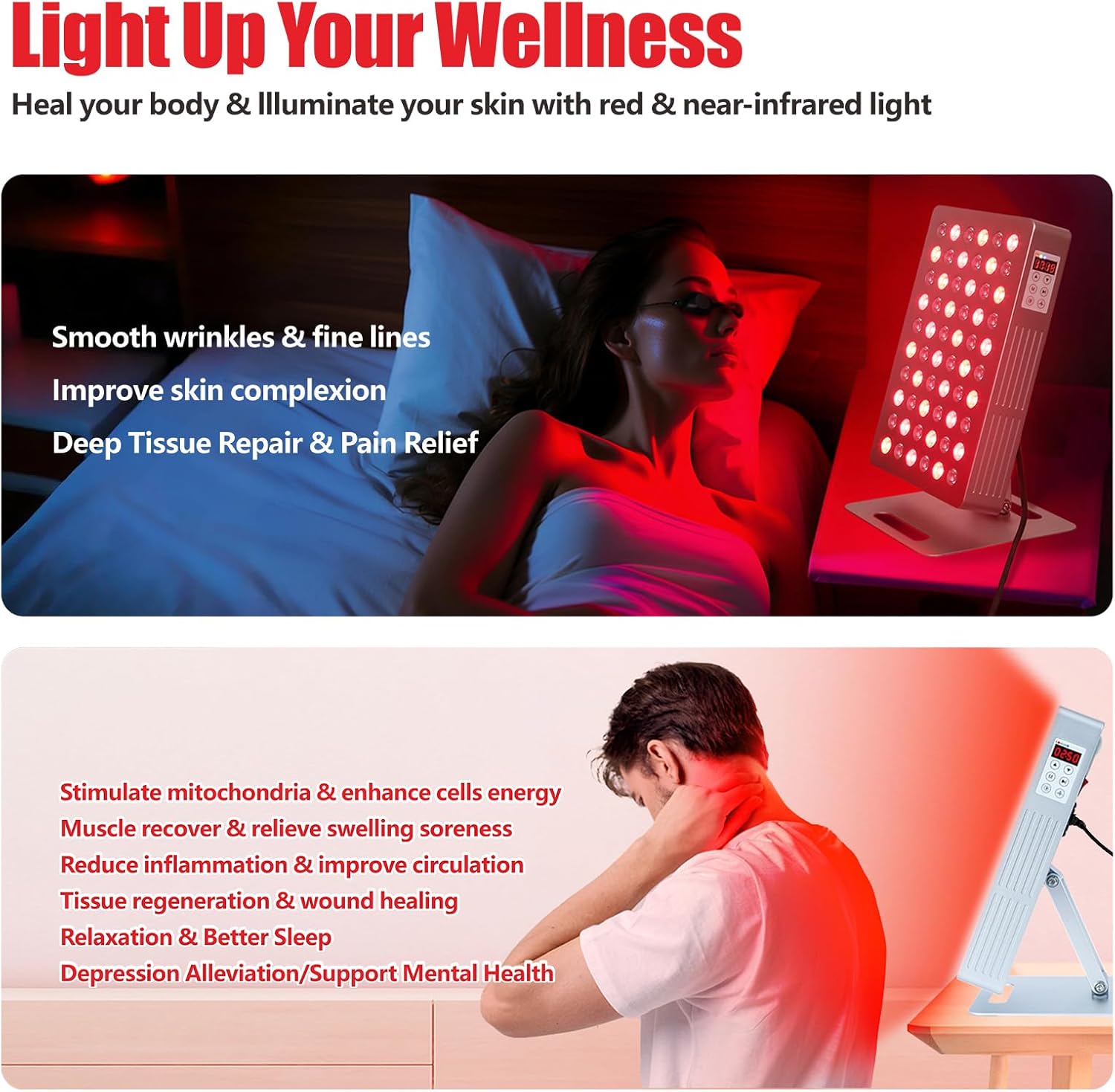 Red Light Therapy Panel for Face and Body, 660nm 850nm High Power Near Infrared Light Therapy, 60 Dual Chip 5-Wavelength LED Red Light Therapy Device, Panel for Skincare