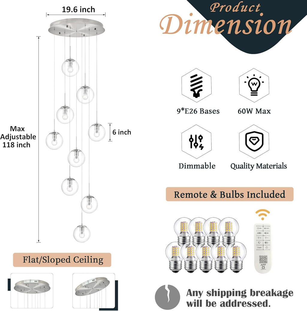 KoKo&Yukina 9-Light Globe Glass Pendant Light Adjustable Length Pendant Lights Fixtures Modern Nickel Clear Globe Glass Chandelier High Ceiling Lights Fixtures for Staircase (Bulb & Remote Incl.)