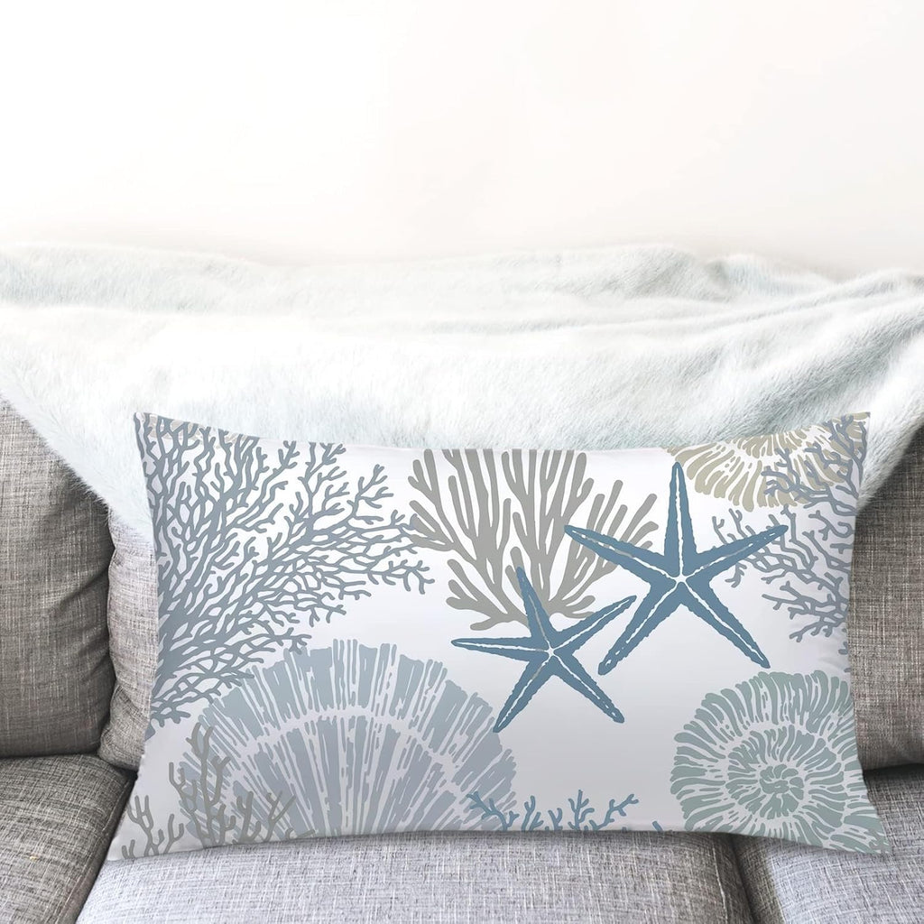 Tritard Nautical Coastal Throw Pillow Covers 12x20 Inches Set of 2 Beach Themed Ocean Seashell Coral Starfish Velvet Couch Lumbar Pillow Cover Outdoor Sofa Cushion Cover for Bedroom Living Room, Blue