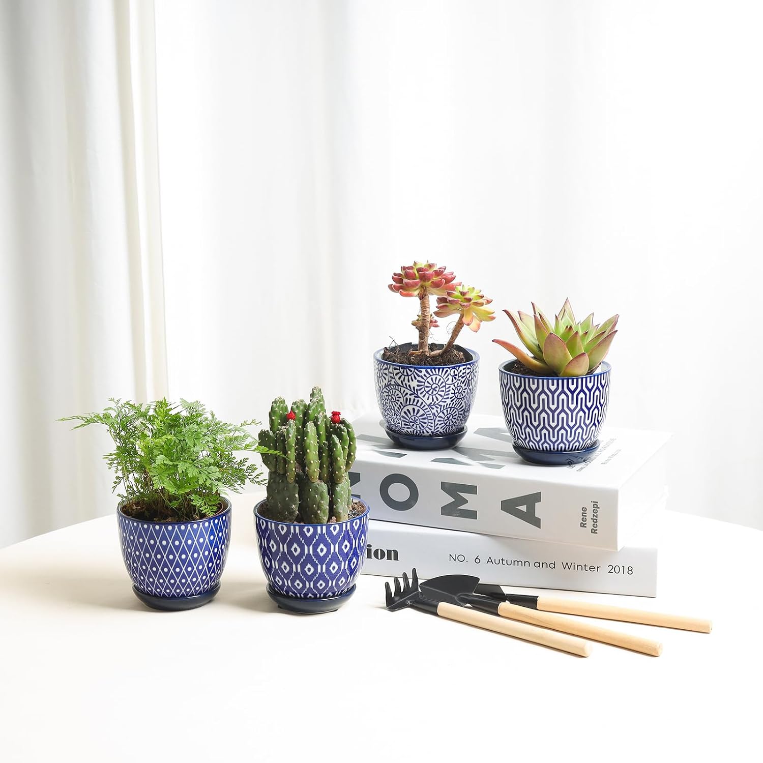 Selamica Ceramic Succulent Pots, 3.5 Inch Small Plant Pots for Indoor Plants Cactus Herbs, Succulent Planters with Drainage Holes & Saucers, Home Decor, Set of 6, Vintage Blue