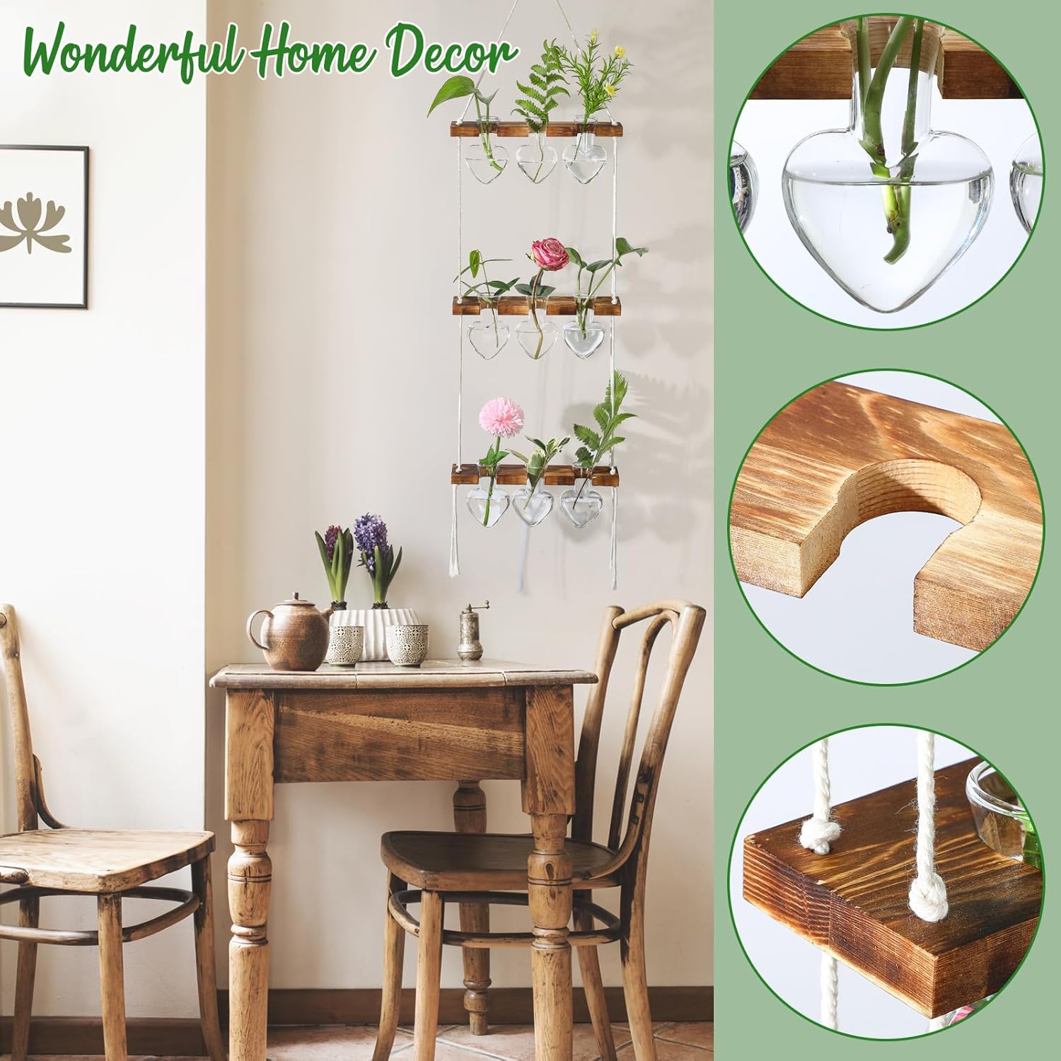 Leinuosen Plant Hanging Propagation Station Wall Hanging Planters Terrarium with 3 Tiered Wooden Stands for Home Garden Decor Hydroponics Plant Lovers Gifts- 9 Glass Vases(Heart Shaped,Clear)