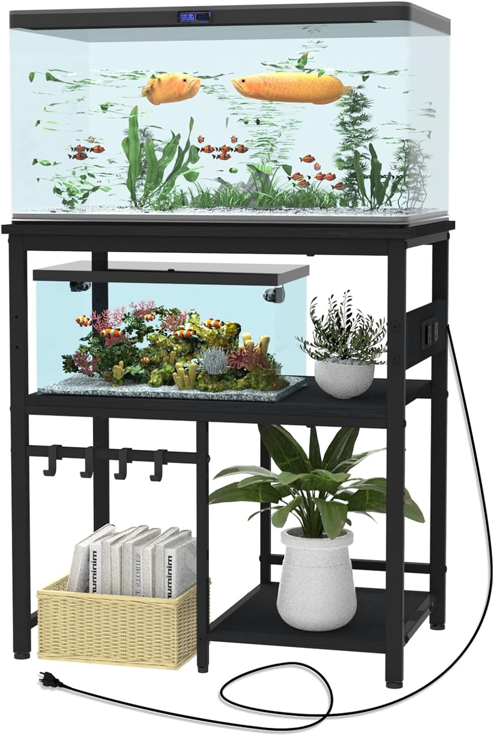 TFK 20-29-37 Gallon Fish Tank Stand, 3-Tier Aquarium Stand with Power Outlet Reptile Tank Stand Heavy Duty Terrarium Stand for Home Office, Black
