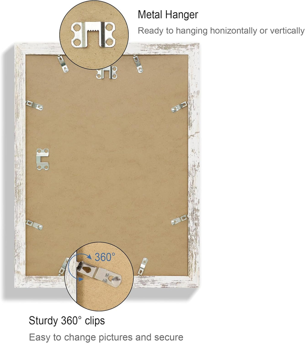 11x15 Picture Frame Set of 4, Made of Real Glass and Distressed White Frame - Display Picture 10x14 with Mat or 11x15 Without Mat, 11 by 15 Photo for Wall Mounting