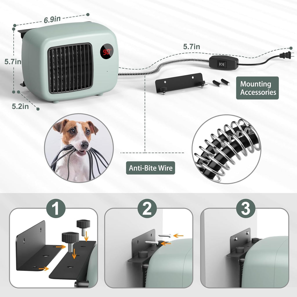Dog House Heater for Outdoor & Indoor Use - 600W/300W Safe & Efficient Heating for Pet Houses, Chicken Coops, Rabbit Hutches - Wall-Mounted Design with Overheat Protection & Anti-Chew Cord (grey)