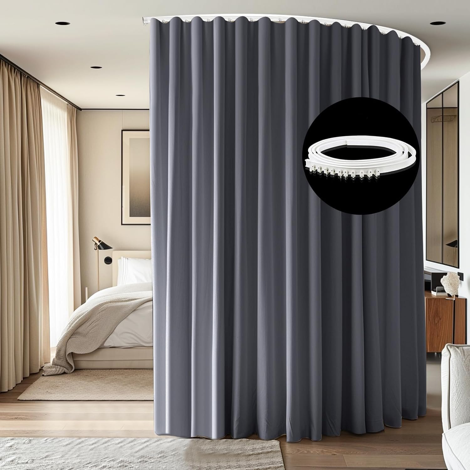 Room Divider Ceiling Mounted Curtains Track Sets Extra Wide Blackout Curtain Flexible Tracks for Bedroom Privacy Partition Separator, 1Panel Grey Drape and White Rail, W10 x H10ft