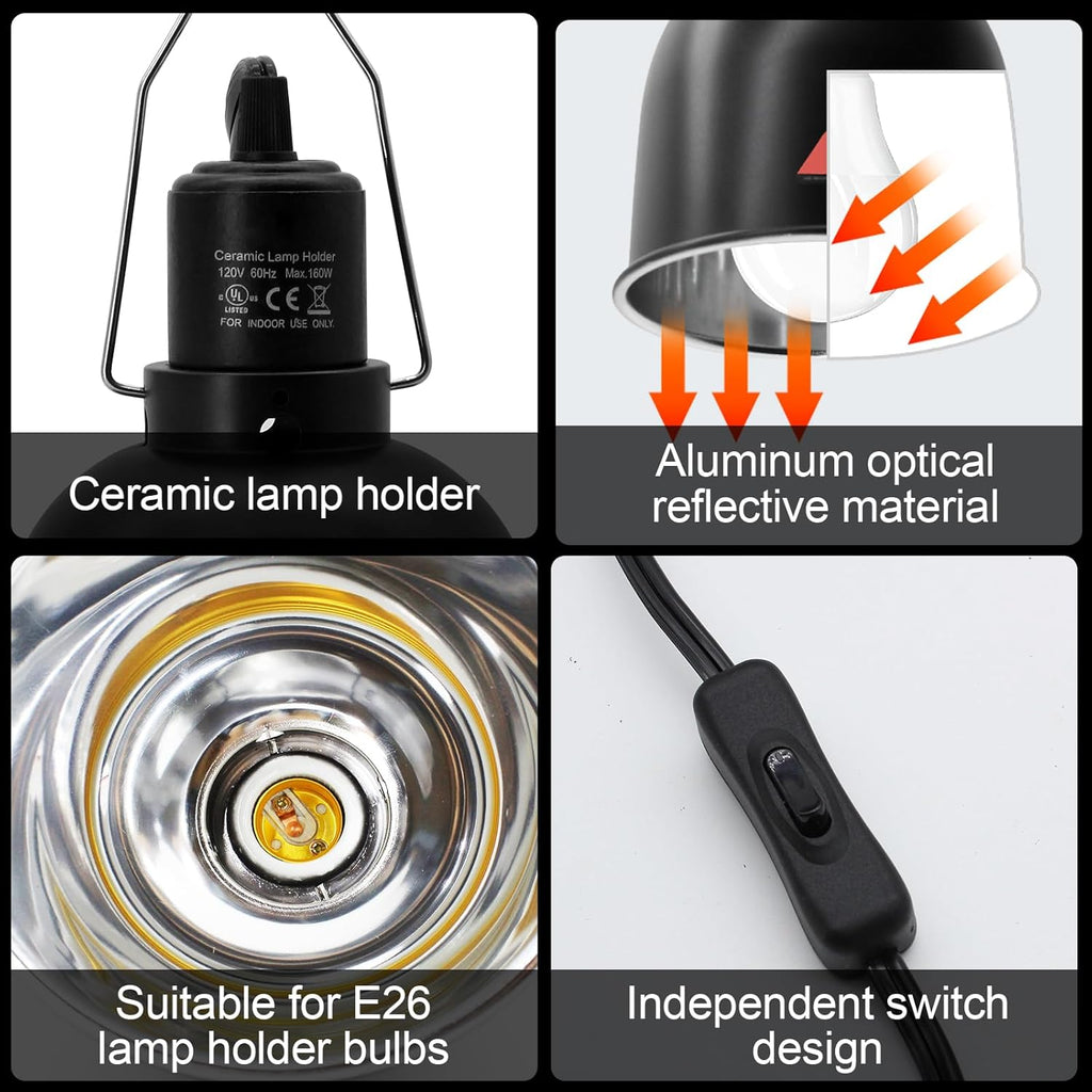 Reptile Light Fixture, 2 Packs 5.5 Inch Deep Dome Lampshade Dimmable, Reptile Heat Lamp Fixture with Separate Switches Fit for UVB Bulb Basking Heat Bulb for Reptile Glass Terrariums