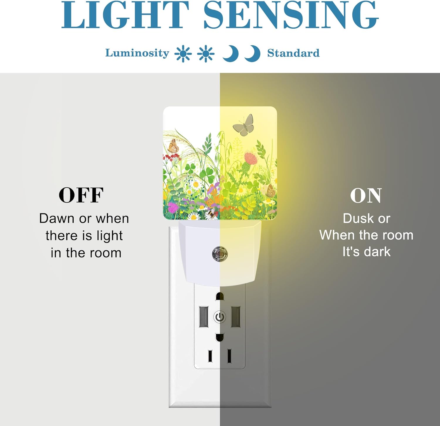 Summer Meadow Plants and Insects Night Light Plug into Wall with Dusk to Dawn Sensor Cute Nightlight for Kid Girls Boys Women Men Room Decor, Hallway, Kitchen, Bathroom, Nursery, Stairs