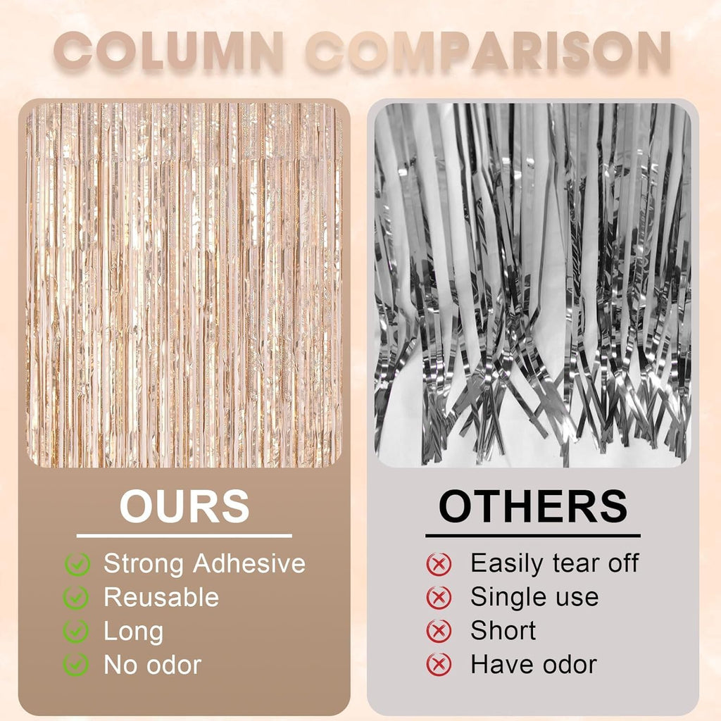 2 Pack Champagne Gold Tinsel Foil Fringe Curtains, Champagne Party Decorations, Metallic Tinsel Party Streamers Backdrop for Birthday Baby Shower Graduation Wedding Party Decorations