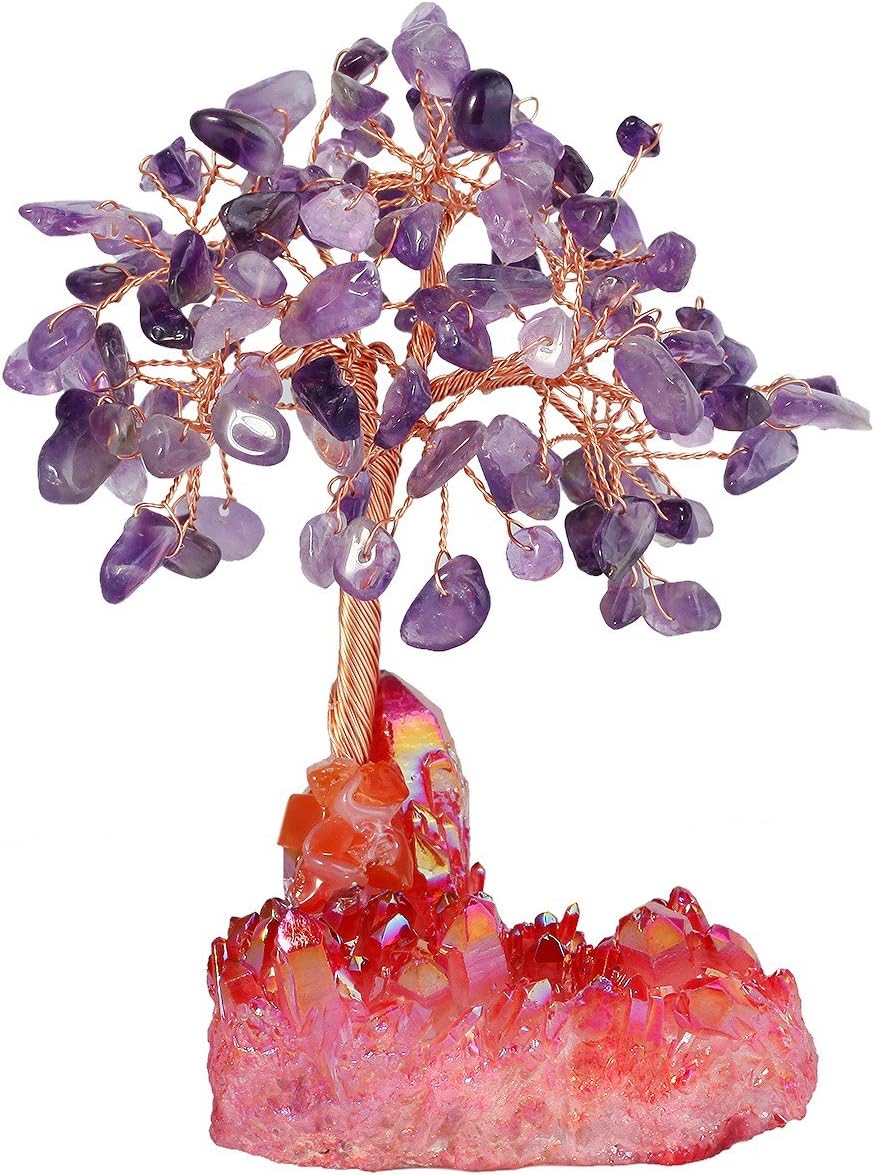 mookaitedecor Amethyst Crystal Tree, Quartz Cluster Red Titanium Crystals Base Bonsai Money Tree for Wealth and Luck
