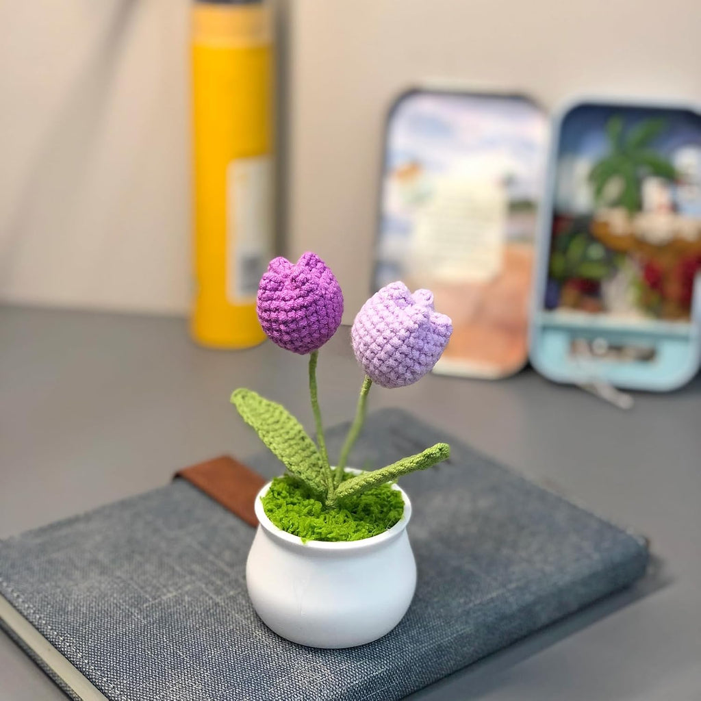 Crochet Flowers Cute Little Potted Flower, Gift for Birthday, Teacher’s Day, Graduation, Anniversary, Christmas, Decor for Car Dashboard,Home Office Decoration (Purple Gradient Tulips)