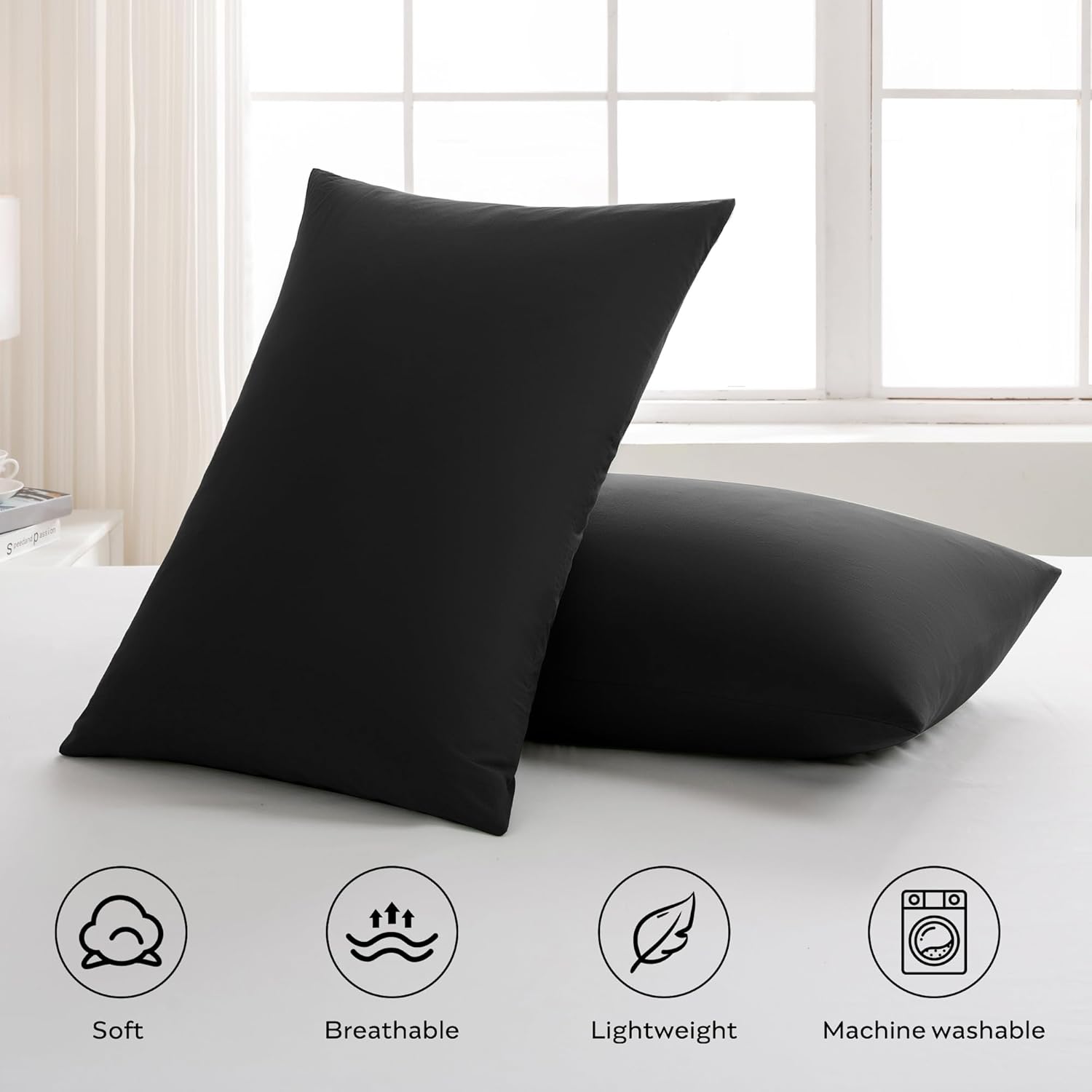 JELLYMONI Pillowcases Standard Set of 2 Cotton Envelope Pillow Covers Pure Black 20×26in Bed Pillow Cases 100% Washed Cotton Soft Breathable (Pillows are not Included)