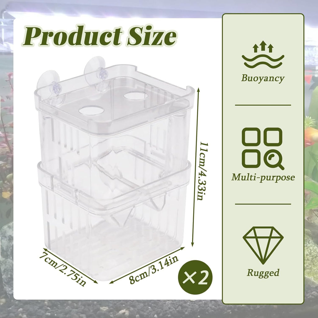 2 Pieces Floating Fish Breeder Box for Aquarium Divider, Transparent Fish Isolation Breeding Box with Suction Cups, Shrimp Tank Hatchery Fry Incubator for Clownfish Betta Guppy Acclimation