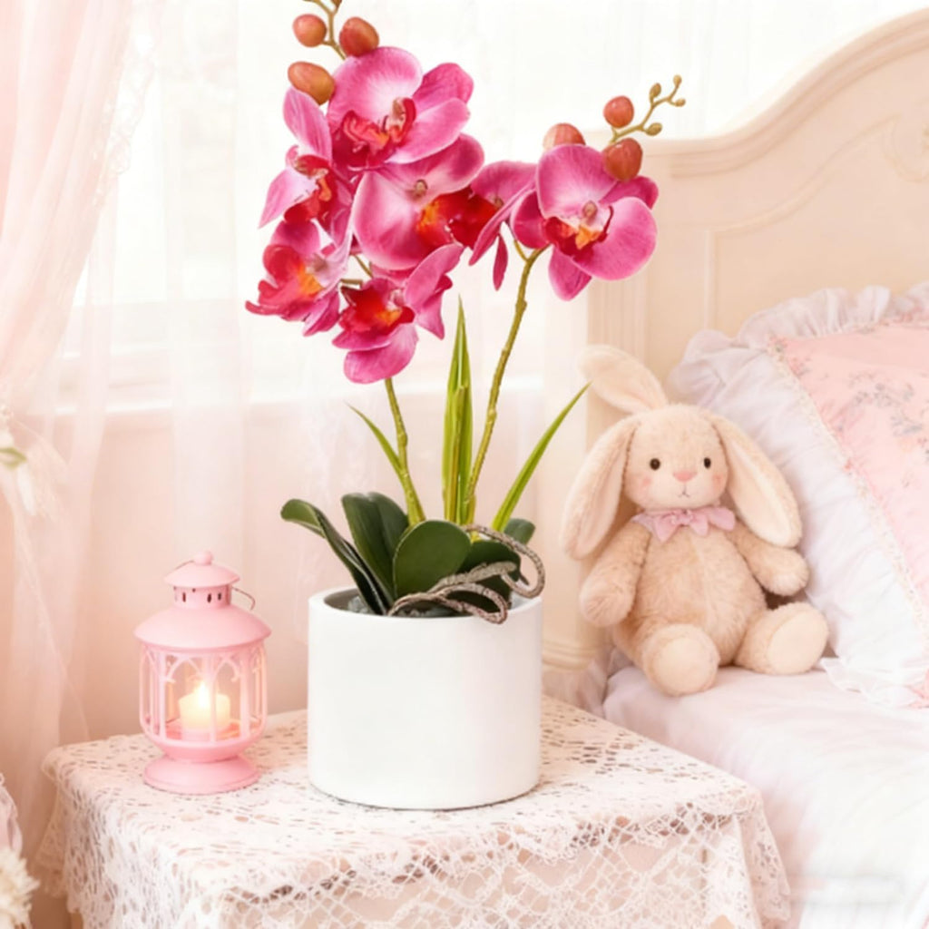 Jusdreen Artificial Purple Orchid, Phalaenopsis in Ceramic Pot with Vase for Home Office Table Decor, Flower Centerpiece