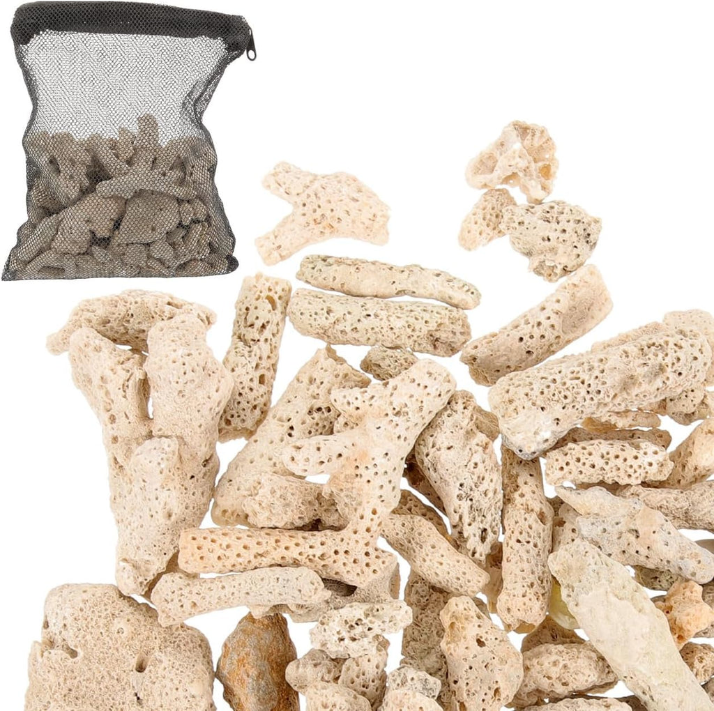 Toyvian Crushed Coral Fish Tank Aquarium Filter Media with Mesh Bag, Reusable Pond Filtration Media, Natural Coral Aquarium Substrate, Beige, 500g