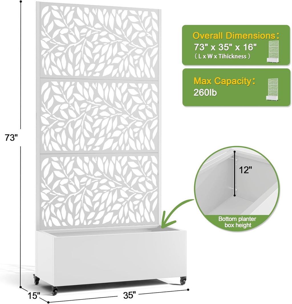 FENCY Metal Raised Garden Bed with Wheels and Trellis,73"x35"x16" Planter Box for Climbing Plants, Vegetables & Vines, Features Privacy Screen and Drainage Holes (White-Leaf-2)