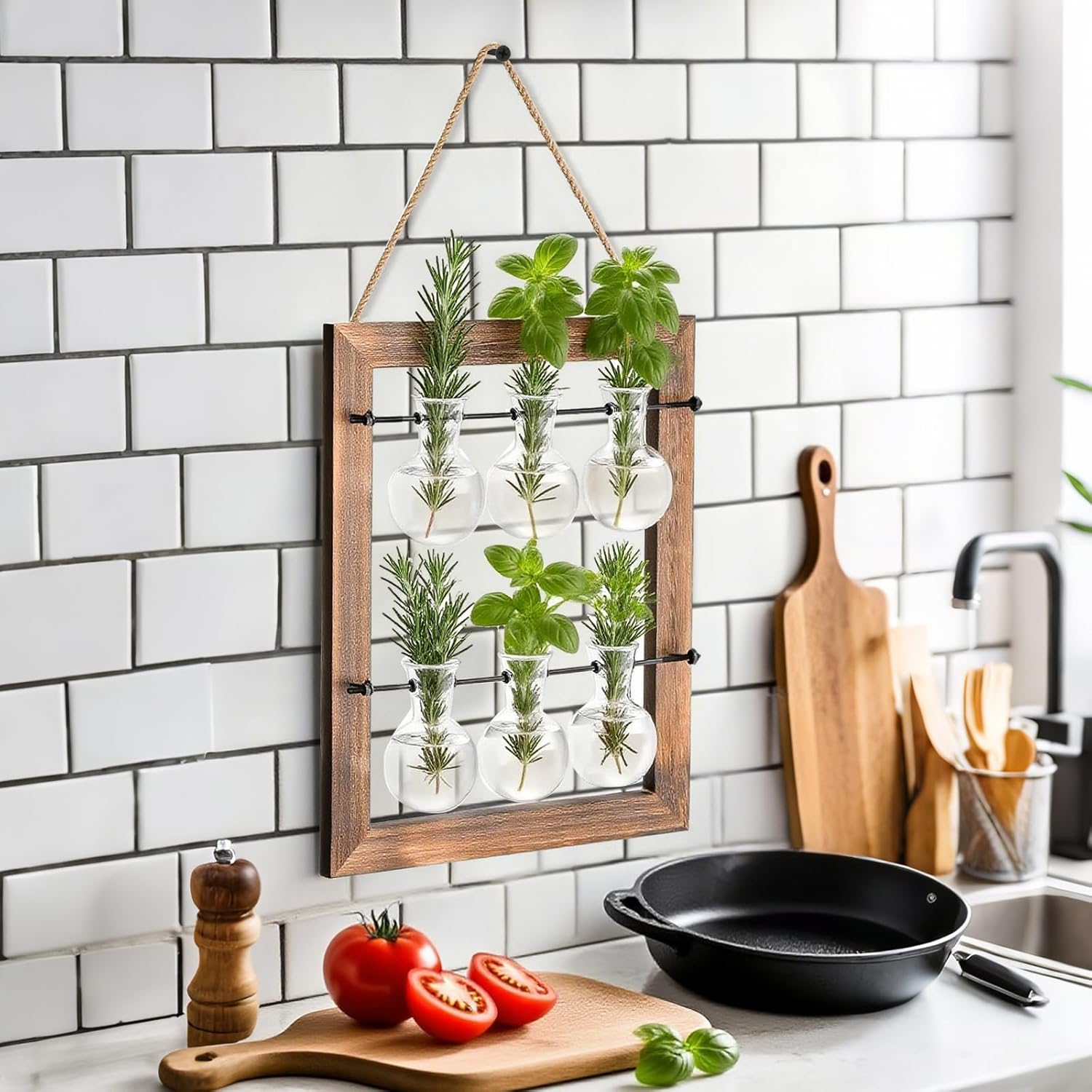 Elsjoy Wall Hanging Glass Planter, Double Layer Plant Terrarium Propagation Station, Mini 6 Bulb Vase with Wooden Stand and Rope for Hydroponics Plants, Home Decor, Indoor Outdoor