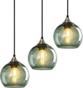 Gray Green Glass Pendant Lights Kitchen Island Lighting Globe Pendant Light Fixtures Modern Pendant Lighting for Kitchen Island Bedroom Living Dining Room Light Fixture(5.9in, 3-Pack)