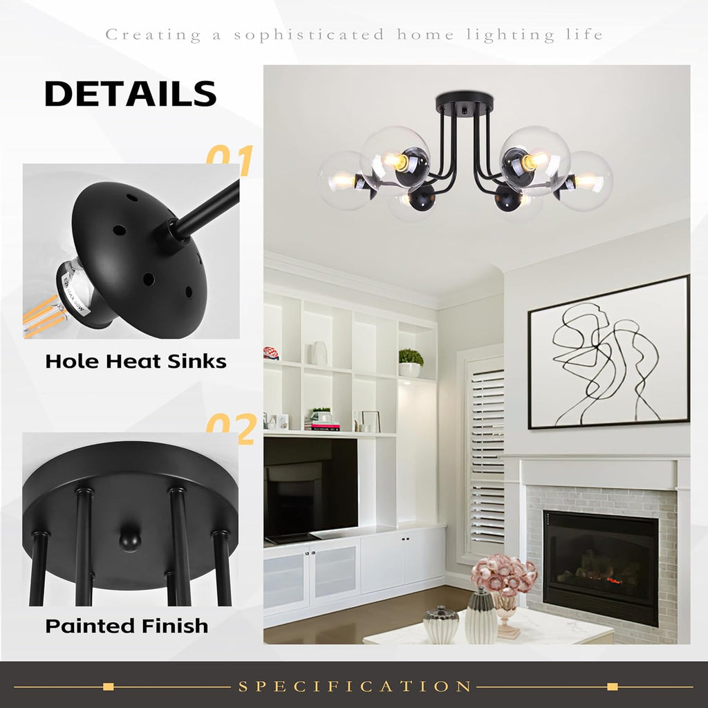 KoKo&Yukina 6-Light Modern Semi Flush Mount Ceiling Light Fixture Mid Century Ceiling Light Globe Ceiling Light with Clear Glass Shade Matte Black Finish for Bedroom Hallway Dining Room Living Room