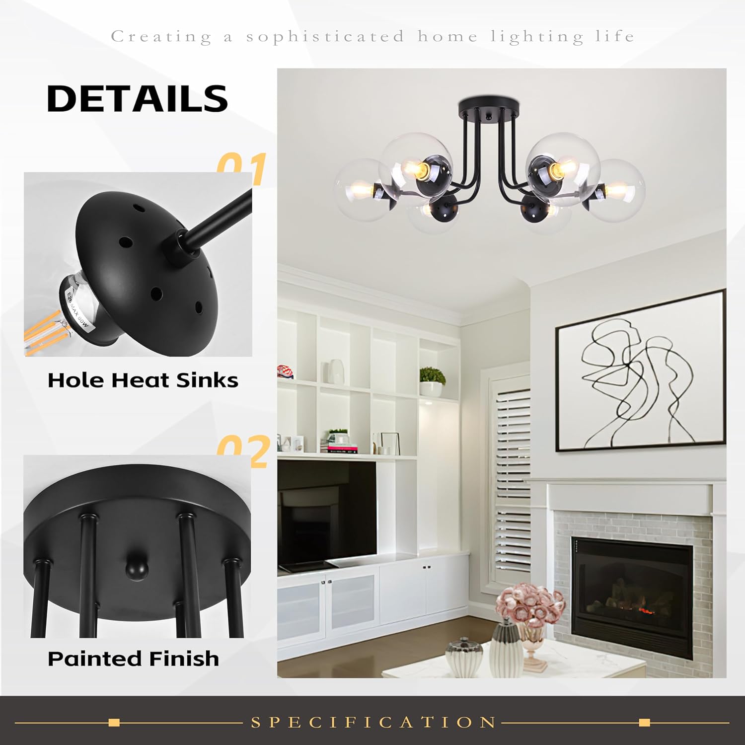 KoKo&Yukina 6-Light Modern Semi Flush Mount Ceiling Light Fixture Mid Century Ceiling Light Globe Ceiling Light with Clear Glass Shade Matte Black Finish for Bedroom Hallway Dining Room Living Room