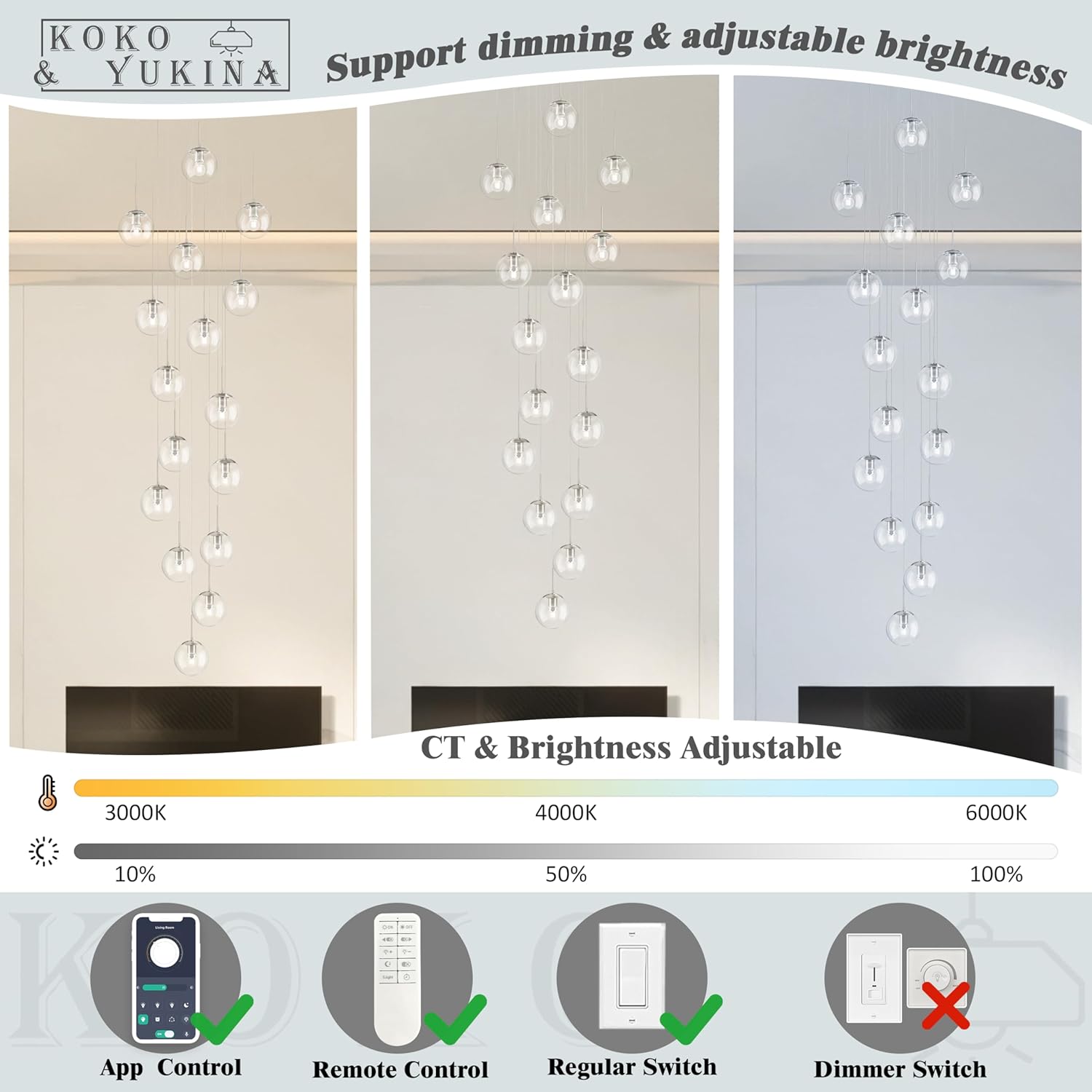 KoKo&Yukina 16-Light Nickel Mid Century Modern Chandelier for Living Room Staircase Chandelier for Entryway Clear Globe Glass Chandelier High Ceiling Chandeliers Foyer Entryway (Bulb & Remote Incl.)