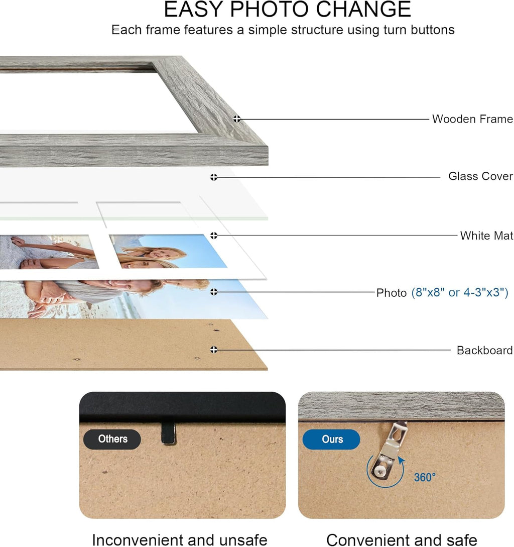 8x8 Picture Frame Set of 2, with Glass and Grey Wood Frames, Display Collage Four Opening 3x3 With Mat or 8 x 8 Without Mat for Wall Hanging or Tabletop
