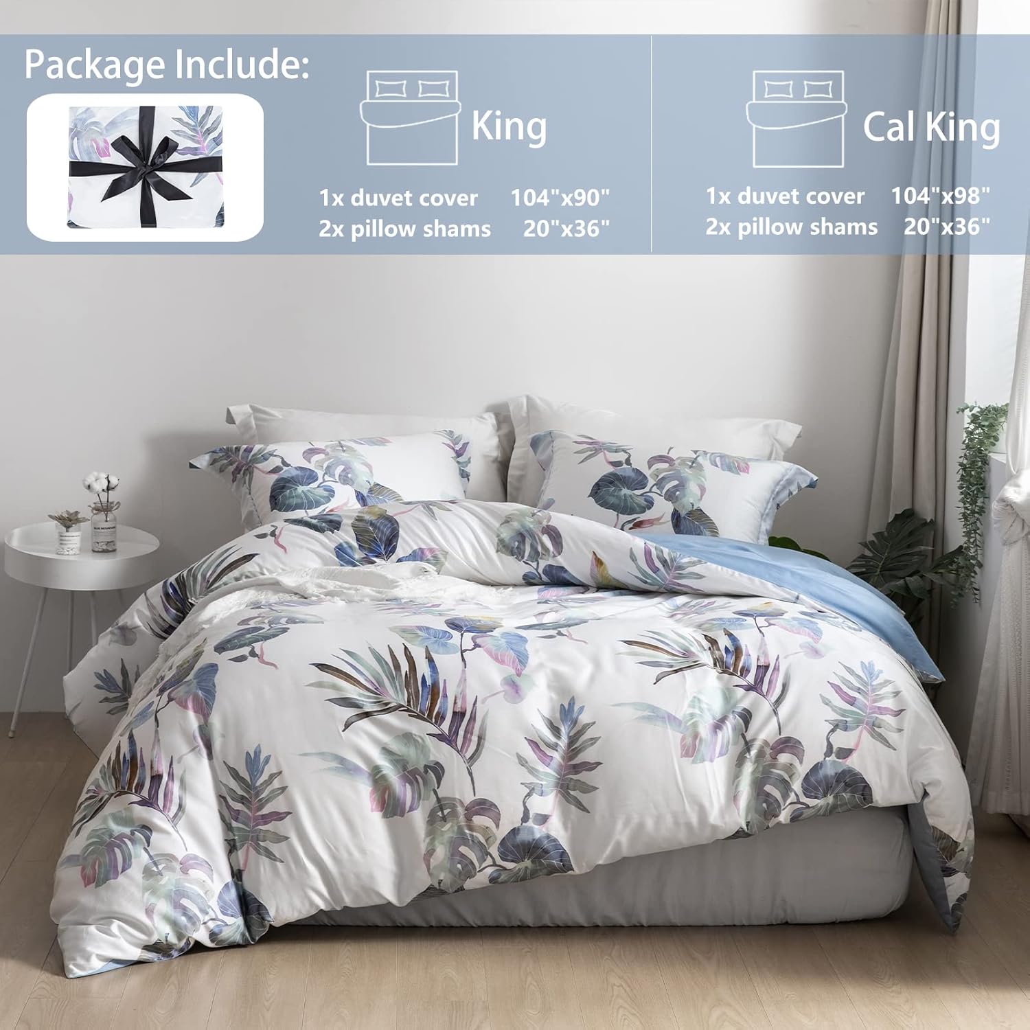 MILDLY 100% Long-Staple Cotton Duvet Cover Set Palm Leaf Pattern Printed Comforter Cover 3pcs, Ultra Soft & Breathable Bedding Set