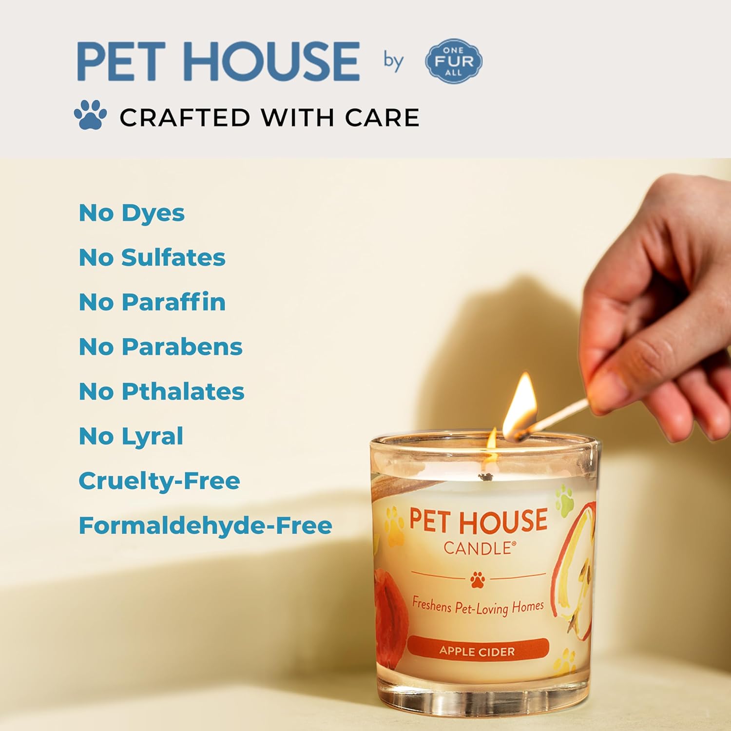 One Fur All Pet House Candle Plant-Based/Soy - Clean Burning Scented,Long Lasting Pet Odor Candle for Home - Sunwashed Cotton