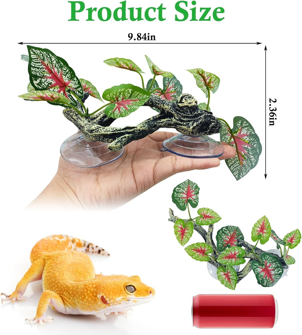 kathson 2 PCS Reptile Corner Branch Resin Snake Climbing Accessories with Leaves Terrarium Plant Decoration with Suction Cup Lizard Plant Ornament for Frog Bearded Dragon Gecko Spider Climbing