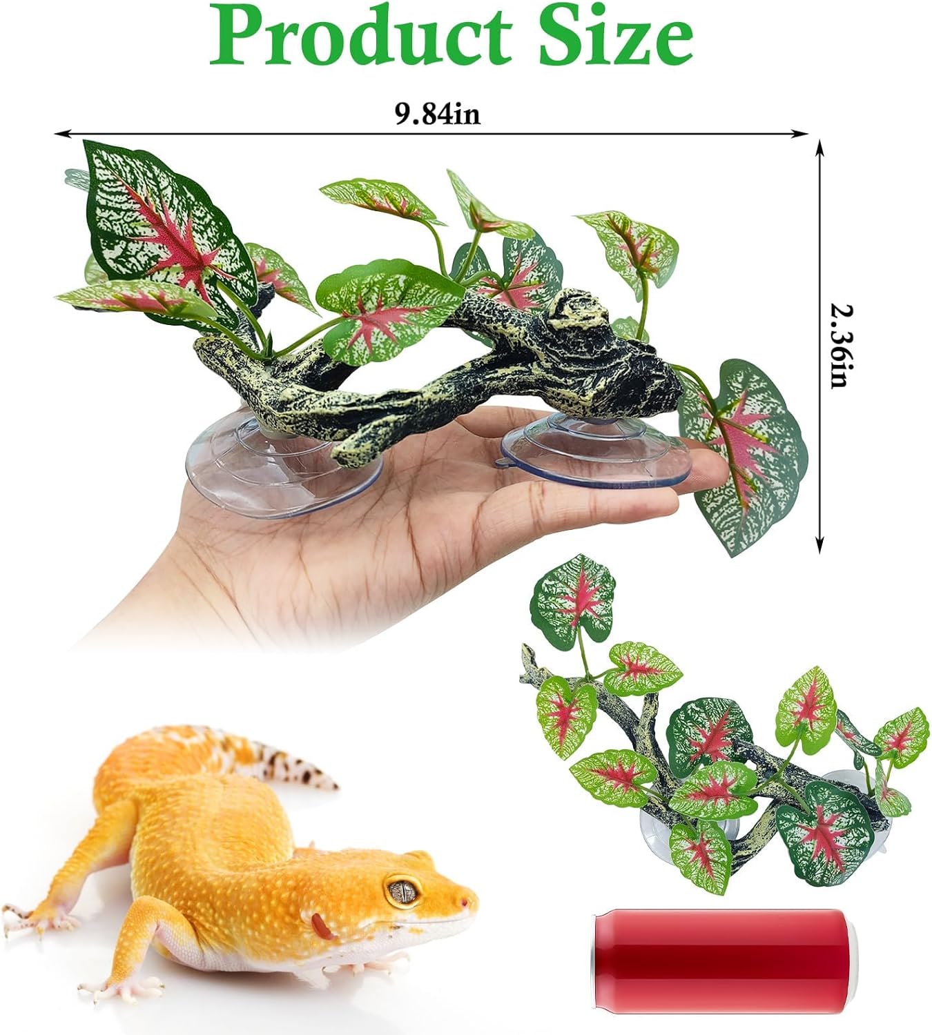 kathson 2 PCS Reptile Corner Branch Resin Snake Climbing Accessories with Leaves Terrarium Plant Decoration with Suction Cup Lizard Plant Ornament for Frog Bearded Dragon Gecko Spider Climbing