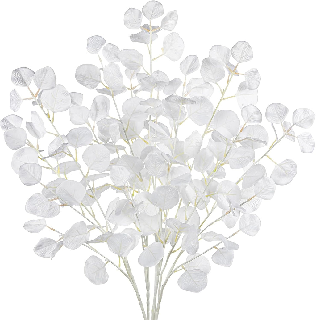 DILATATA Faux White Eucalyptus Stems – 32” Artificial Willow Leaves, 5 Pcs Long White Eucalyptus Branches for DIY Bouquets, Centerpieces, Shower & Wedding Decorations
