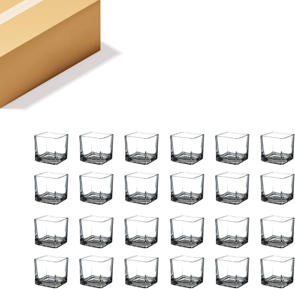 WGVI 24 Pcs Clear Square Glass Tea Light Votive Candle Holders, Width 3", Height 3", Small Cube CandleHolders Container Dish Terrarium Tabletop Event Décor