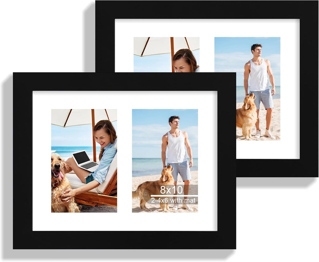8x10 Picture Frame Set of 2, Black Wood Frame with Glass Collage Frame, Display Pictures Two 4x6 With Mat or 8 x 10 Without Mat - Horizontal or Vertical Wall Mounting