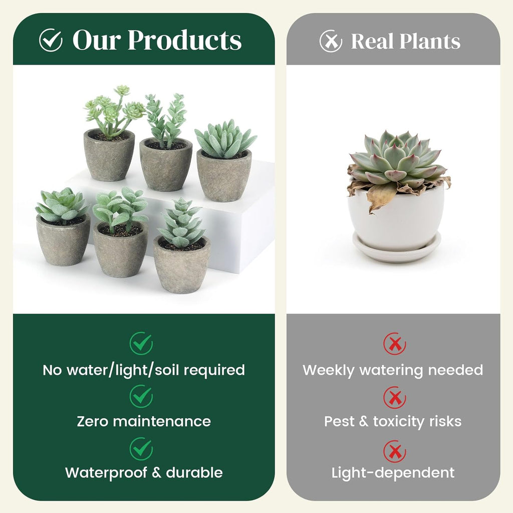 DomeStar 6PCS Small Fake Plants, Artificial Succulents Plants for Home Office Bathroom Kitchen Decor Green
