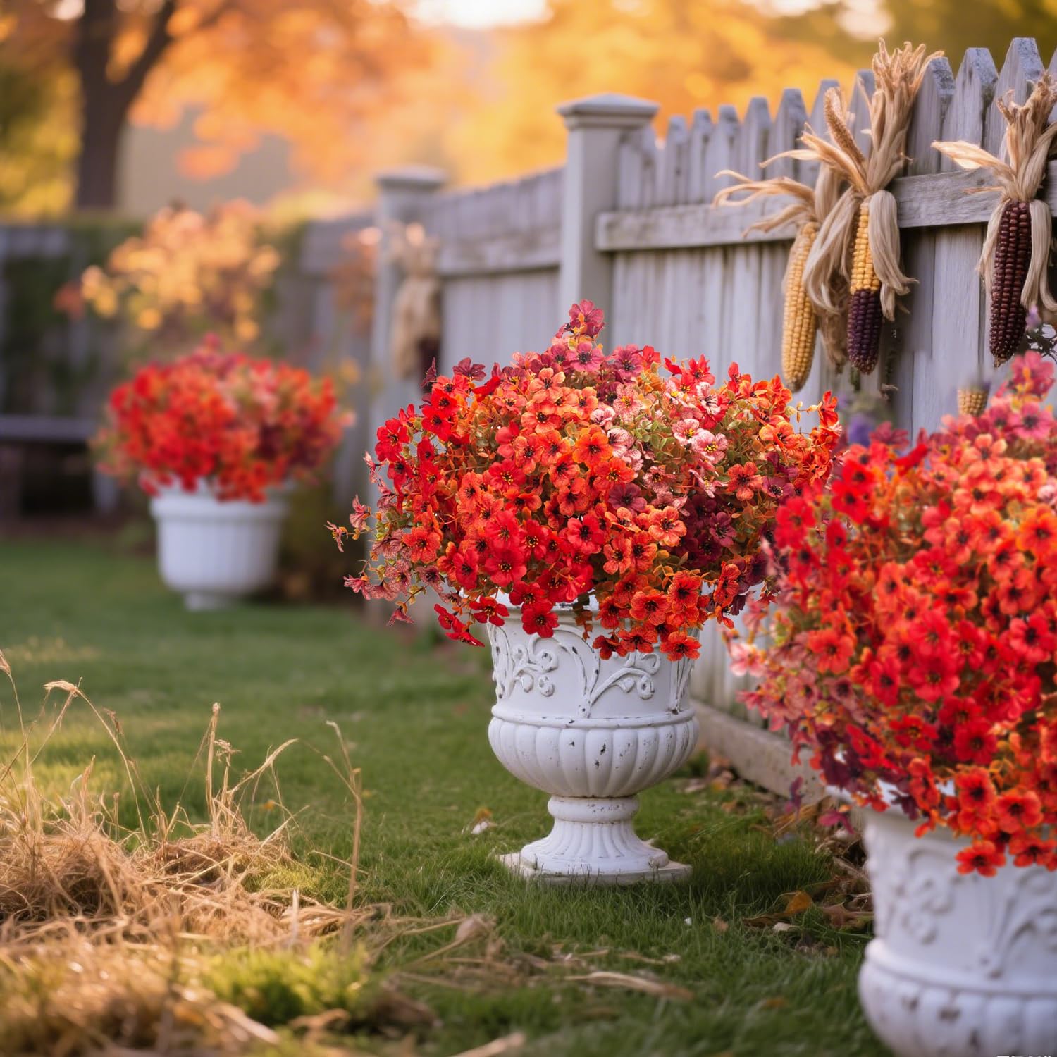 20 Bundles UV Resistant Artificial Fall Flowers - Fake Autumn Plants for Autumn Indoor Outdoor Garden Patio Fireplace Window Box Kitchen Home Decor (Fall Orange Mix)