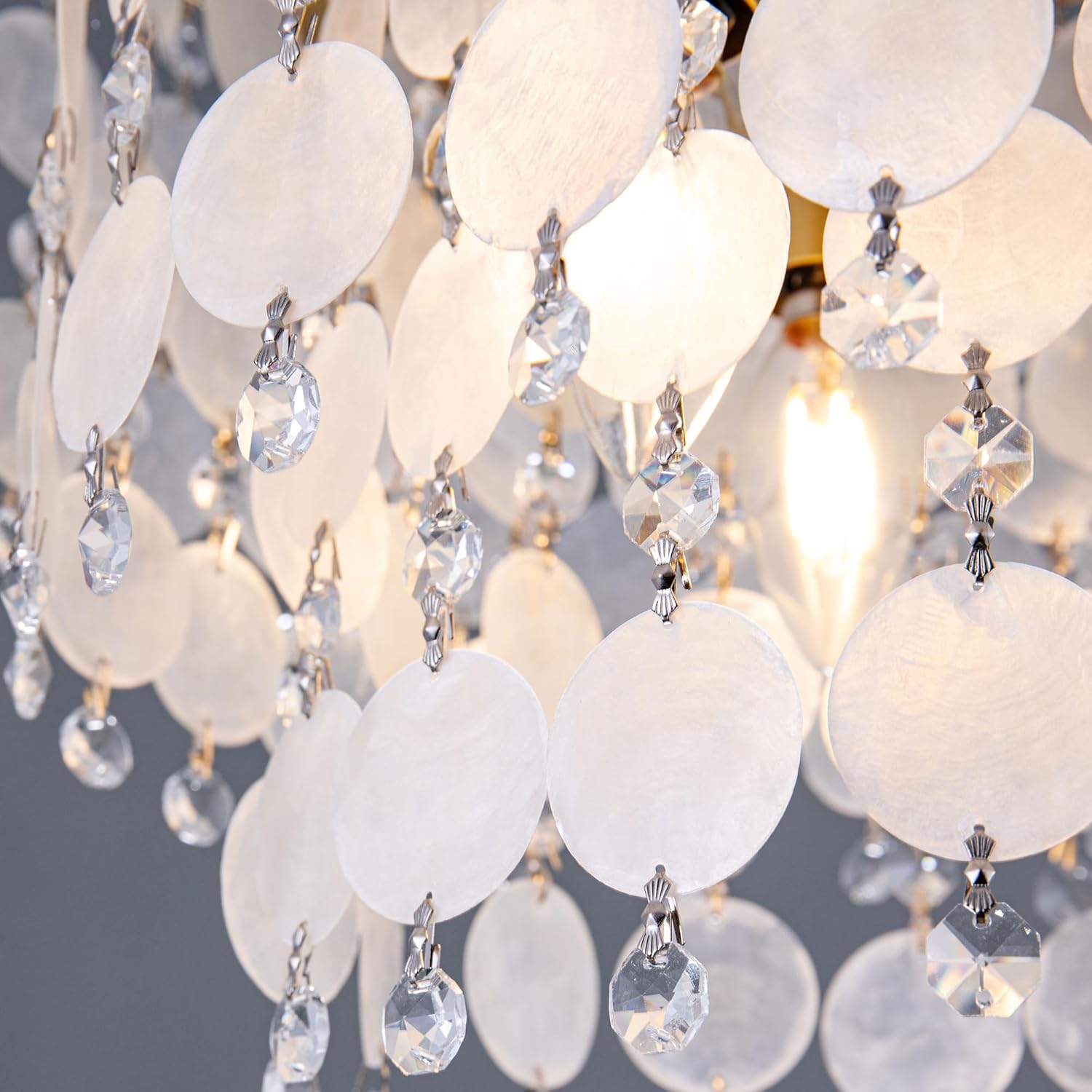 TOCHIC Modern Capiz Shell Chandelier, Boho Coastal Beach Chandelier for Bedroom, Small Semi Flush Mount Ceiling Pendant Light Fixture for Dining Living Room, Kids Room, 16”W, Gold