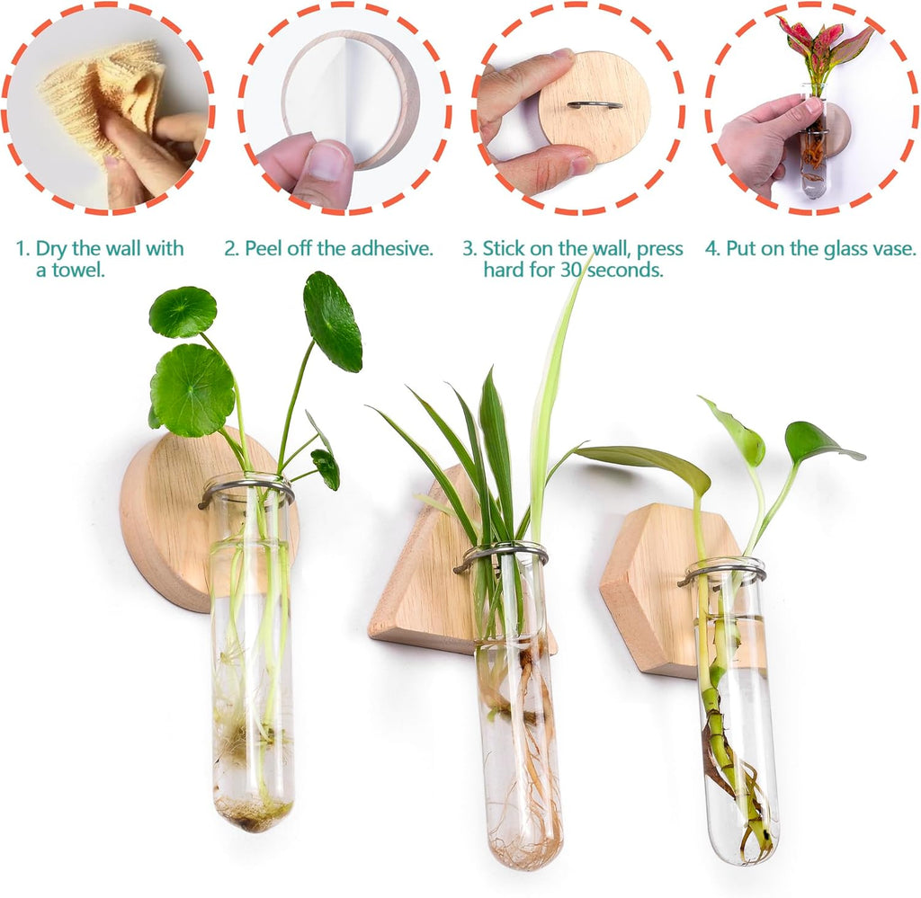 MITIME Wall Hanging Planter Glass Plant Propagation Station,Geometric Wooden Stand for Home Office Decoration.