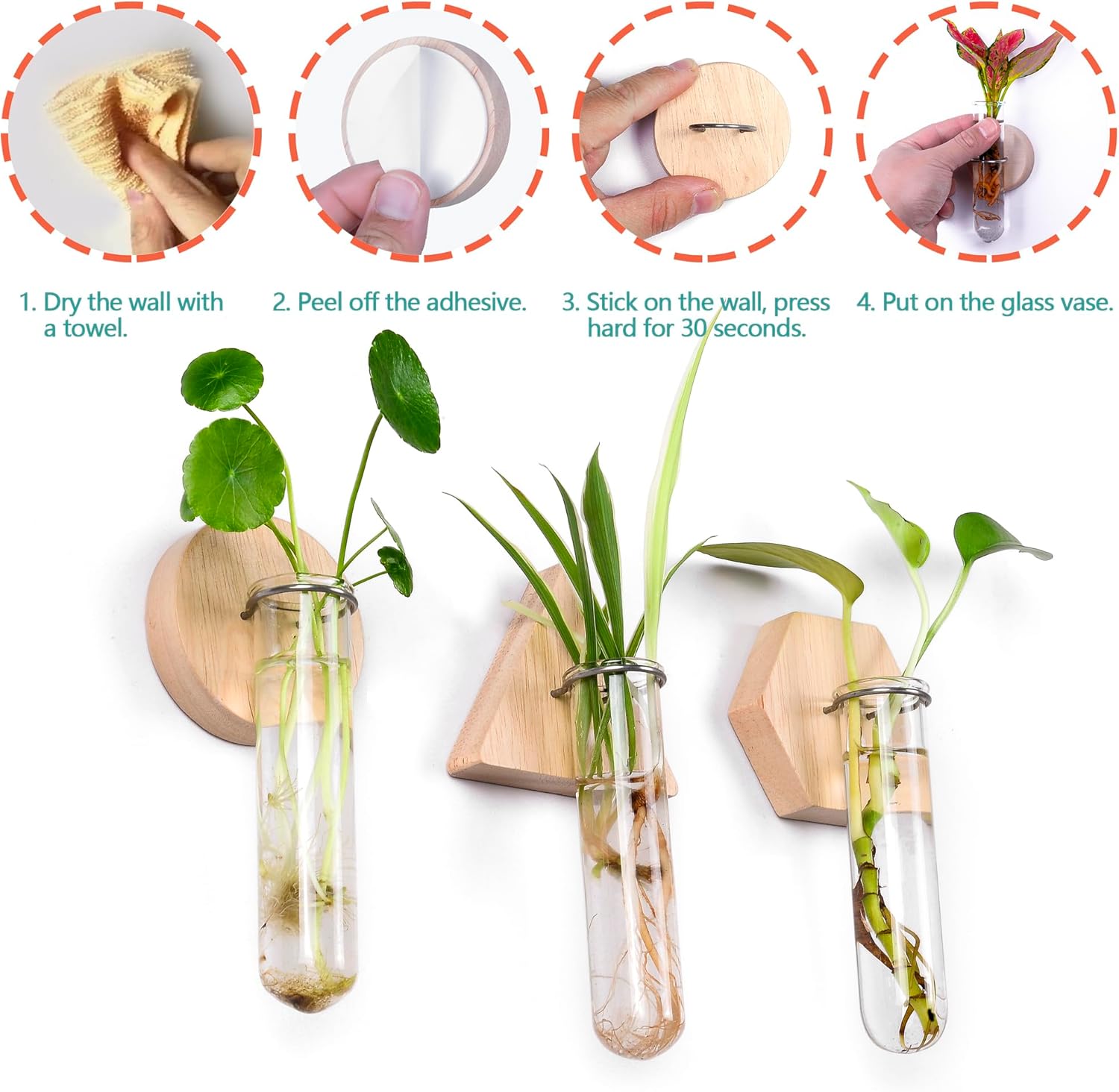 MITIME Wall Hanging Planter Glass Plant Propagation Station,Geometric Wooden Stand for Home Office Decoration.