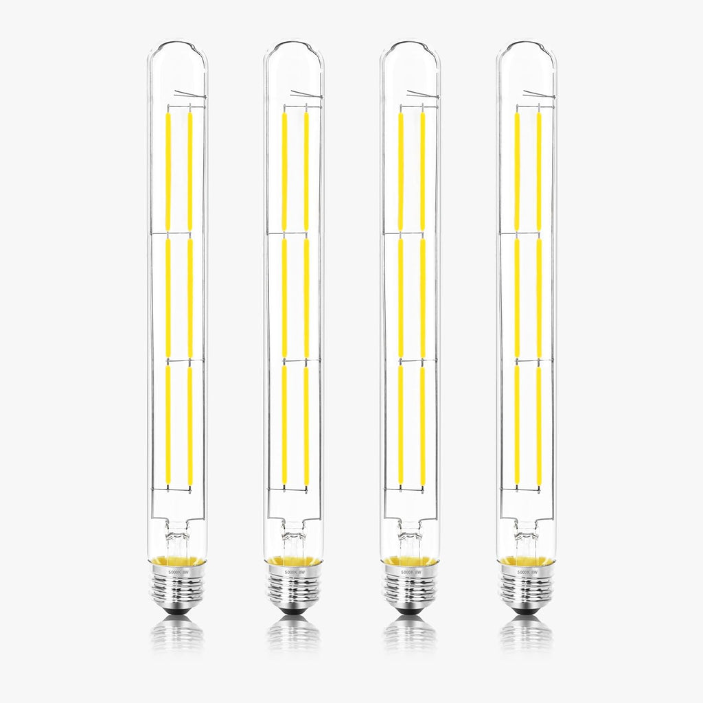 11.8IN 1000LM 5000K Daylight White Light Bulbs E26 Base, T10 T9 Edison Bulbs Dimmable 8W, AC 120V 100 Watt Equal Filament Bulb, Vintage Clear Glass Long Tubular LED Bulb, UL Listed - 4Pack