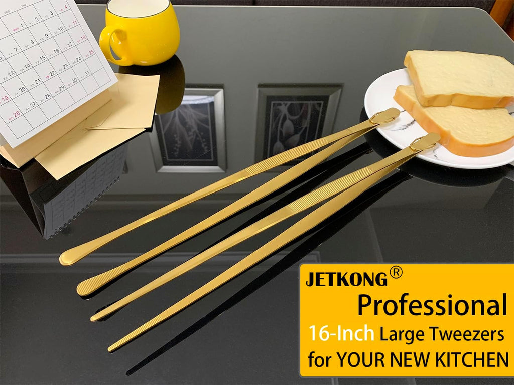 JETKONG 2 Pcs 16-Inch Heavy Duty Cooking Tweezers Extra Large Stainless Steel Food Tweezers Gaint Kitchen Tweezer Tongs (Gold)